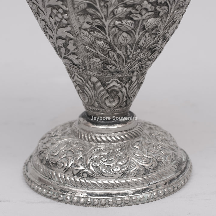 Hand-Carved Silver Polished Copper Floral Vase