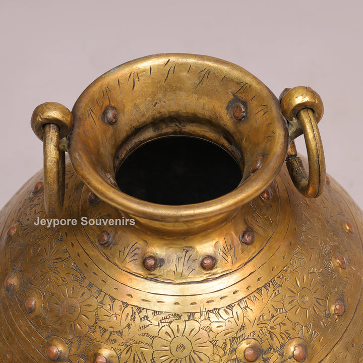 Handcrafted Brass Planter with Floral Engraving &amp; Ring Handles