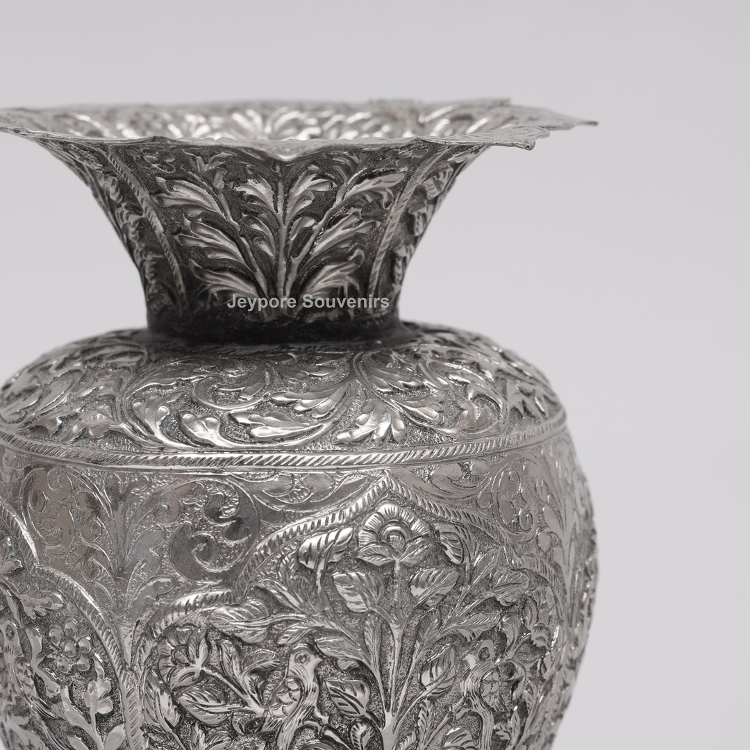 Hand-Carved Silver Polished Copper Floral Vase