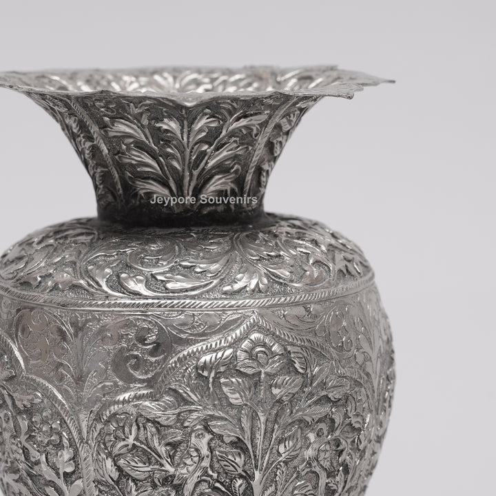 Hand-Carved Silver Polished Copper Floral Vase
