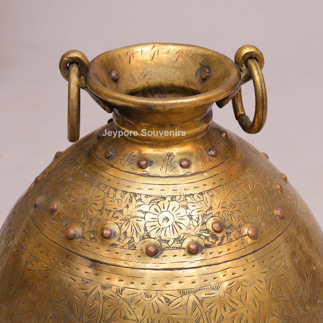 Handcrafted Brass Planter with Floral Engraving &amp; Ring Handles