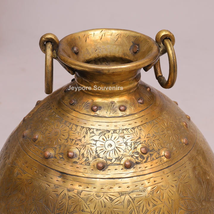 Handcrafted Brass Planter with Floral Engraving &amp; Ring Handles