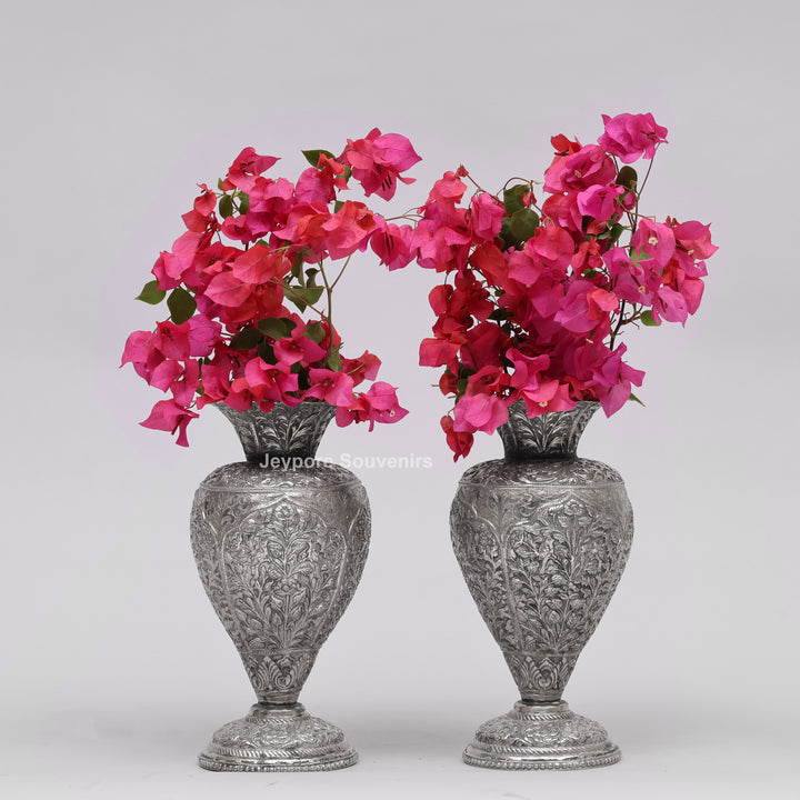 Hand-Carved Silver Polished Copper Floral Vase