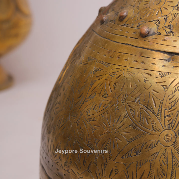 Handcrafted Brass Planter with Floral Engraving &amp; Ring Handles