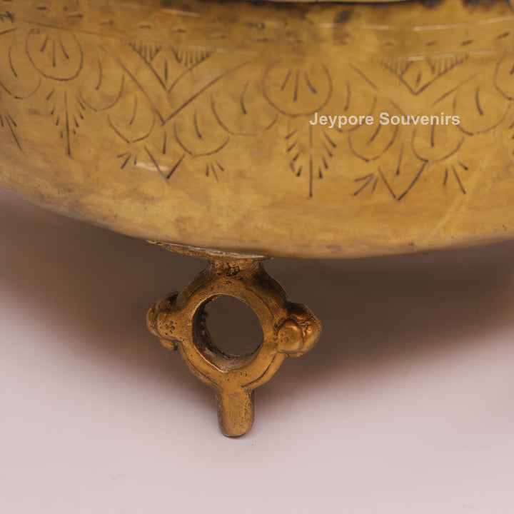 Handcrafted Brass Planter with Floral Engraving &amp; Ring Handles