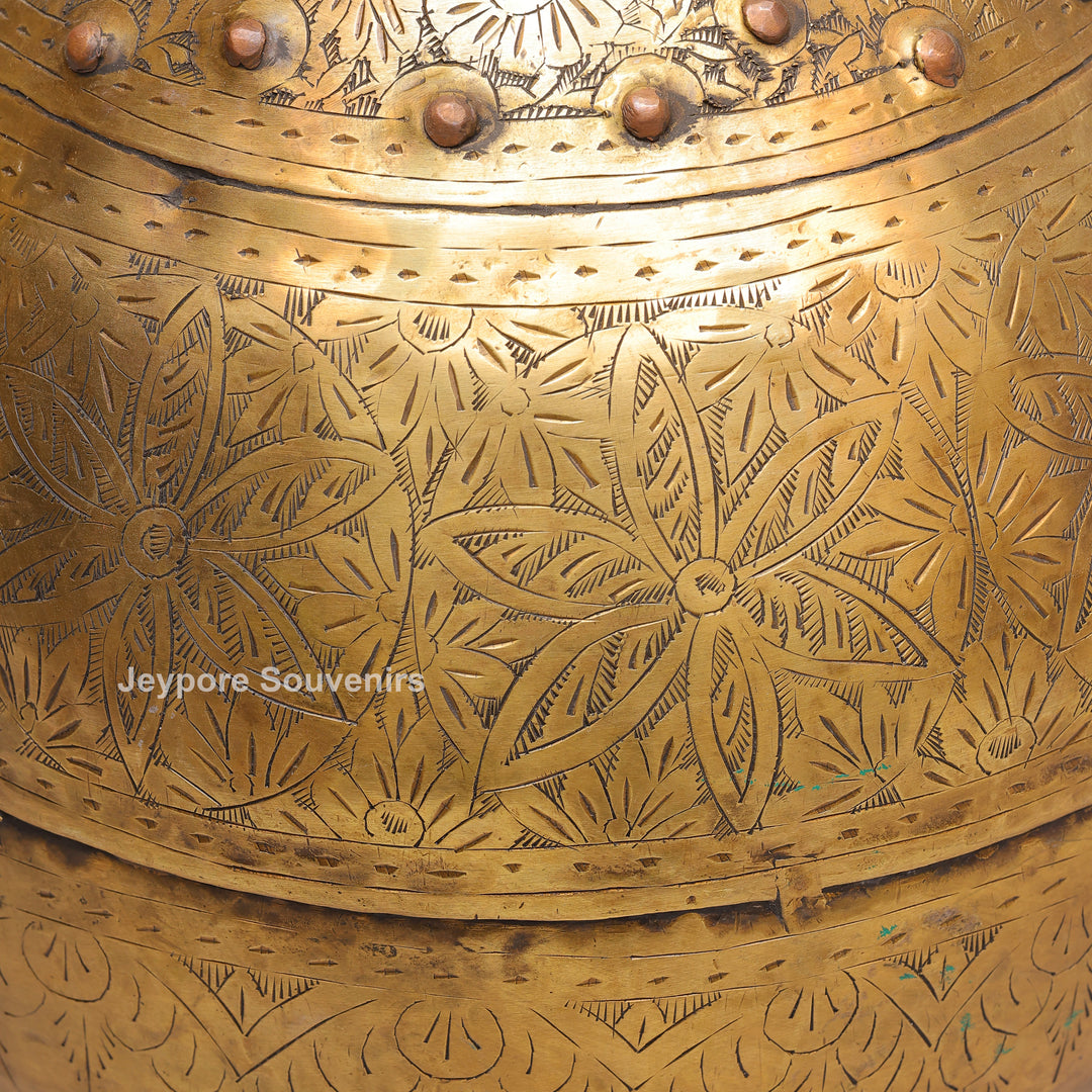 Handcrafted Brass Planter with Floral Engraving &amp; Ring Handles