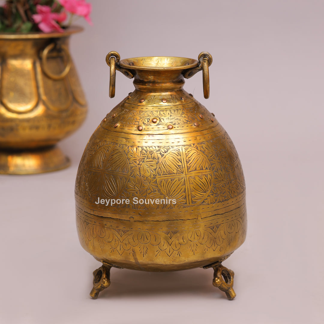 Handcrafted Ring Handle Brass Planter Pot with Floral Engraving