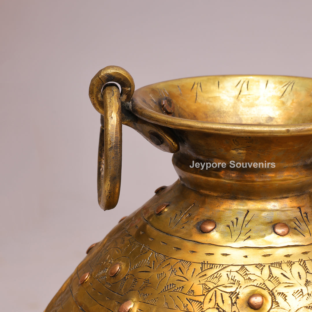 Handcrafted Ring Handle Brass Planter Pot with Floral Engraving