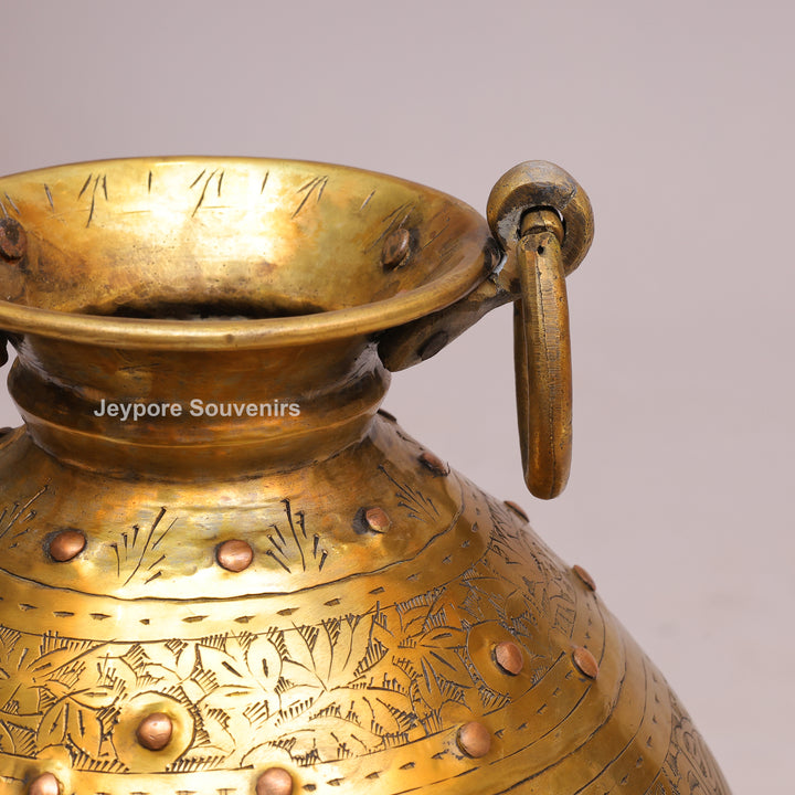 Handcrafted Ring Handle Brass Planter Pot with Floral Engraving