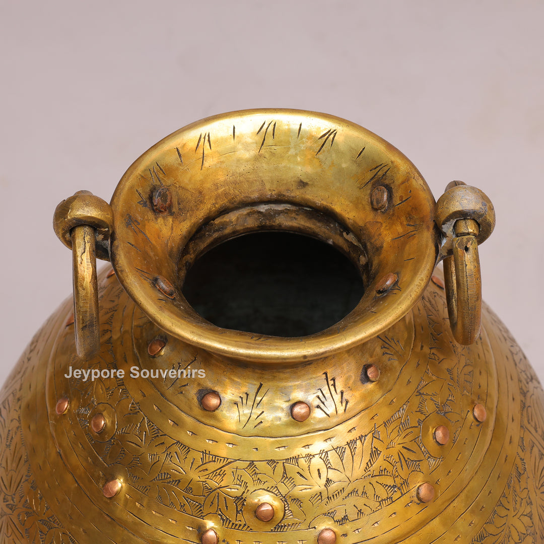 Handcrafted Ring Handle Brass Planter Pot with Floral Engraving