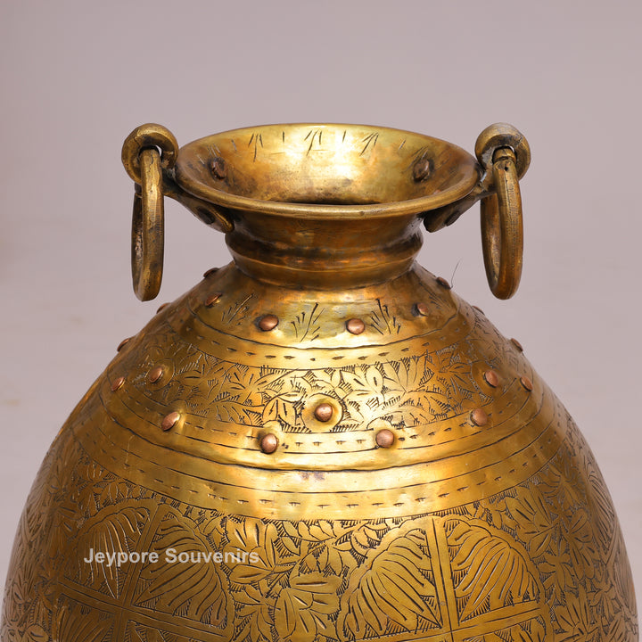 Handcrafted Ring Handle Brass Planter Pot with Floral Engraving