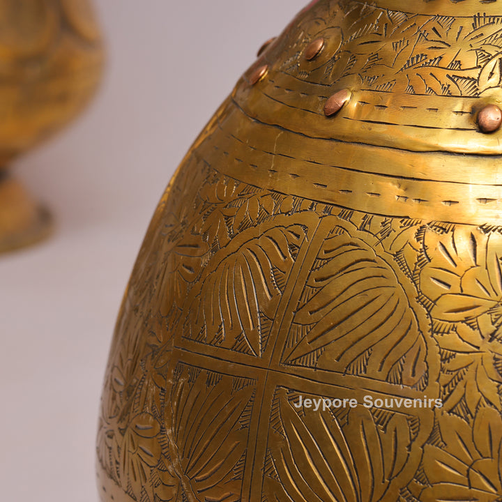 Handcrafted Ring Handle Brass Planter Pot with Floral Engraving