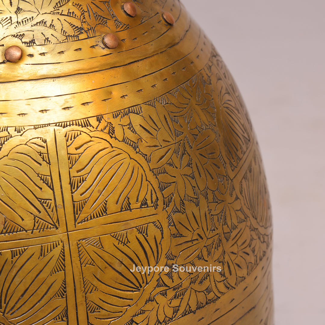 Handcrafted Ring Handle Brass Planter Pot with Floral Engraving