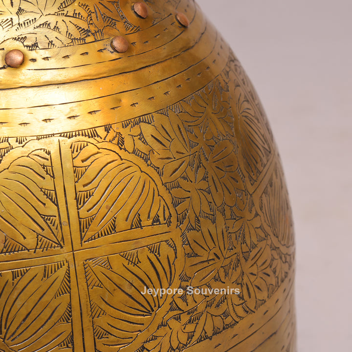 Handcrafted Ring Handle Brass Planter Pot with Floral Engraving