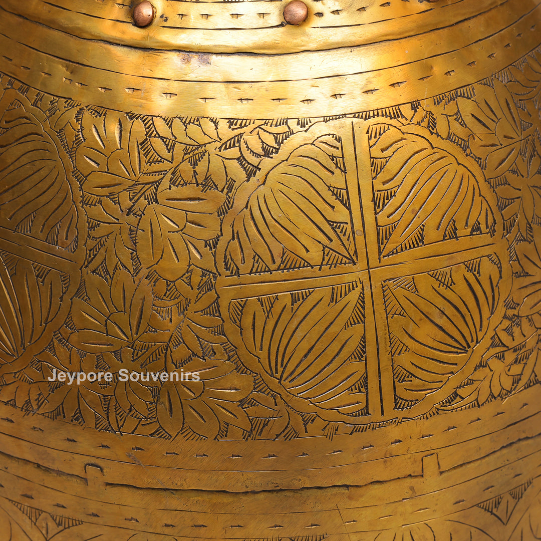Handcrafted Ring Handle Brass Planter Pot with Floral Engraving