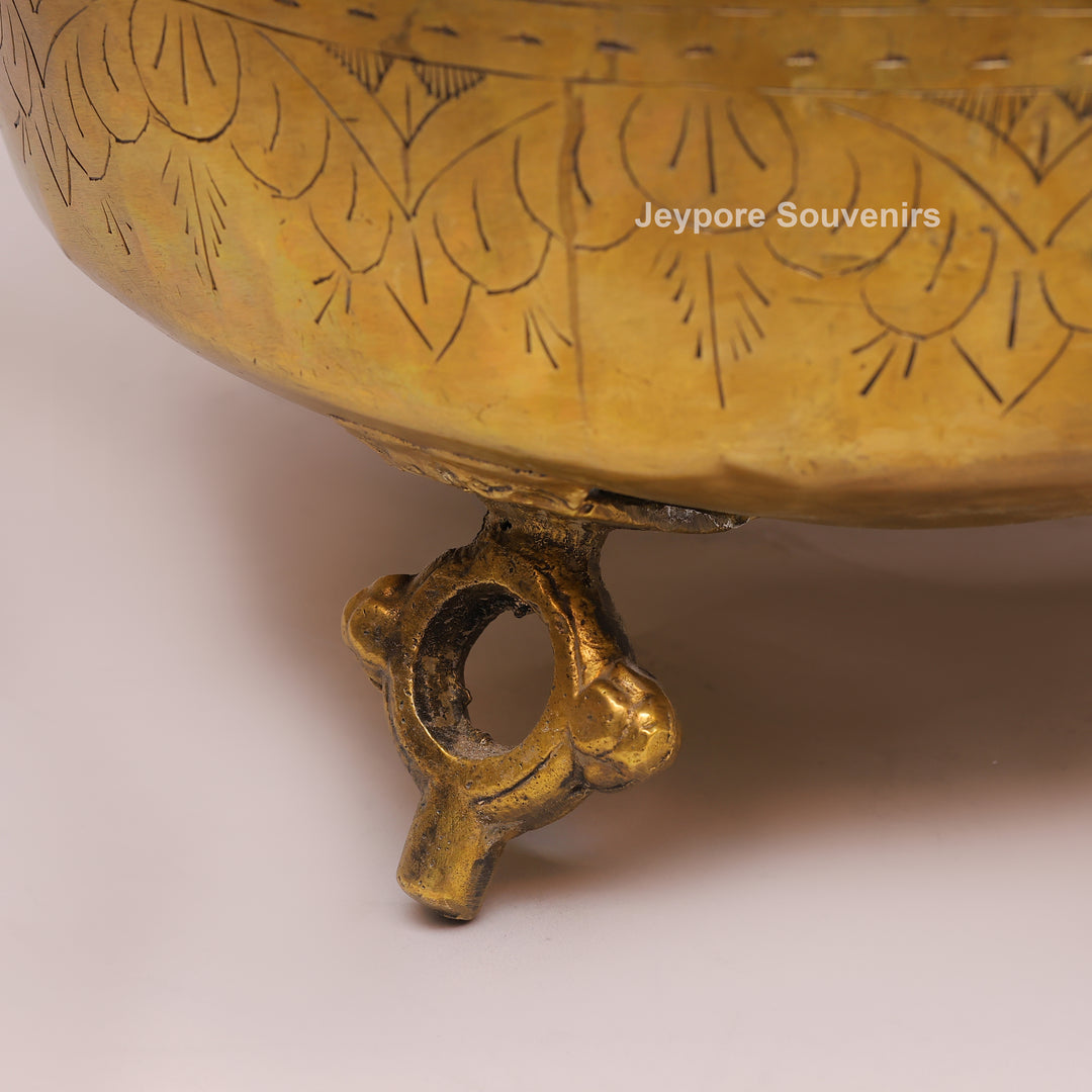 Handcrafted Ring Handle Brass Planter Pot with Floral Engraving