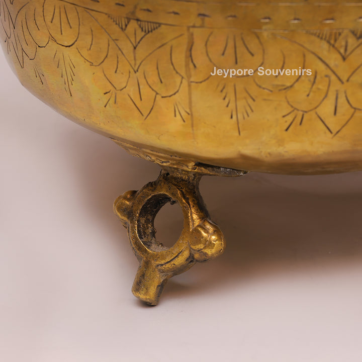 Handcrafted Ring Handle Brass Planter Pot with Floral Engraving