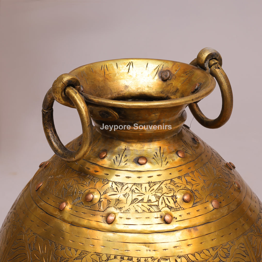 Handcrafted Ring Handle Brass Planter Pot with Floral Engraving