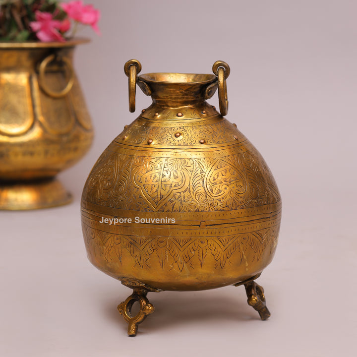 Handcrafted Antique Brass Planter Pot with Ring Handles