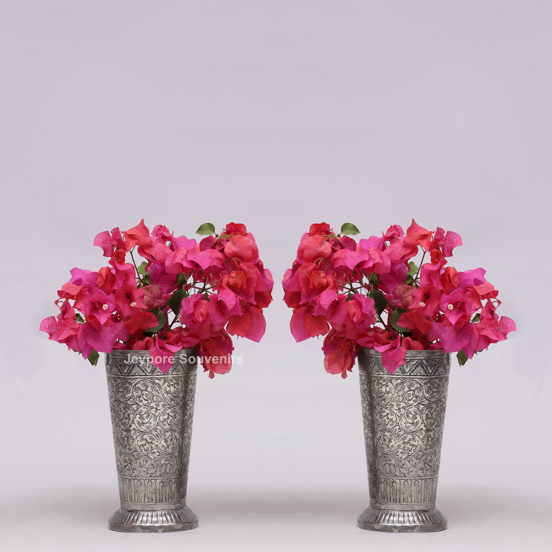Hand-Carved Silver Polished Copper Floral Vase