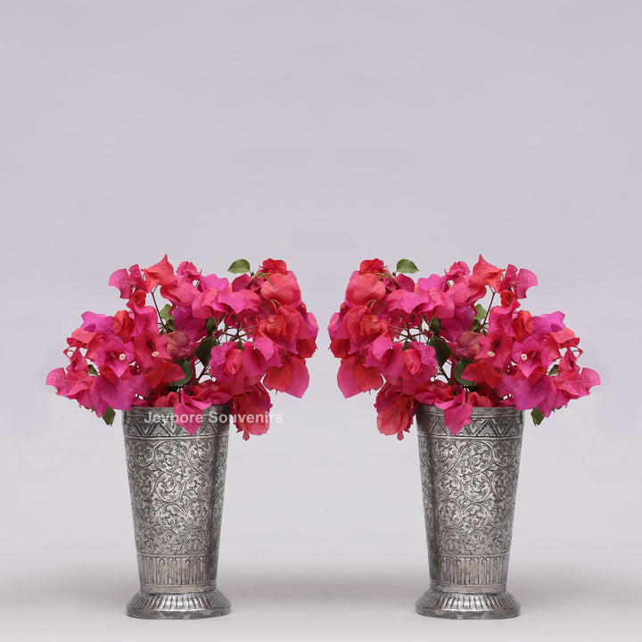 Hand-Carved Silver Polished Copper Floral Vase