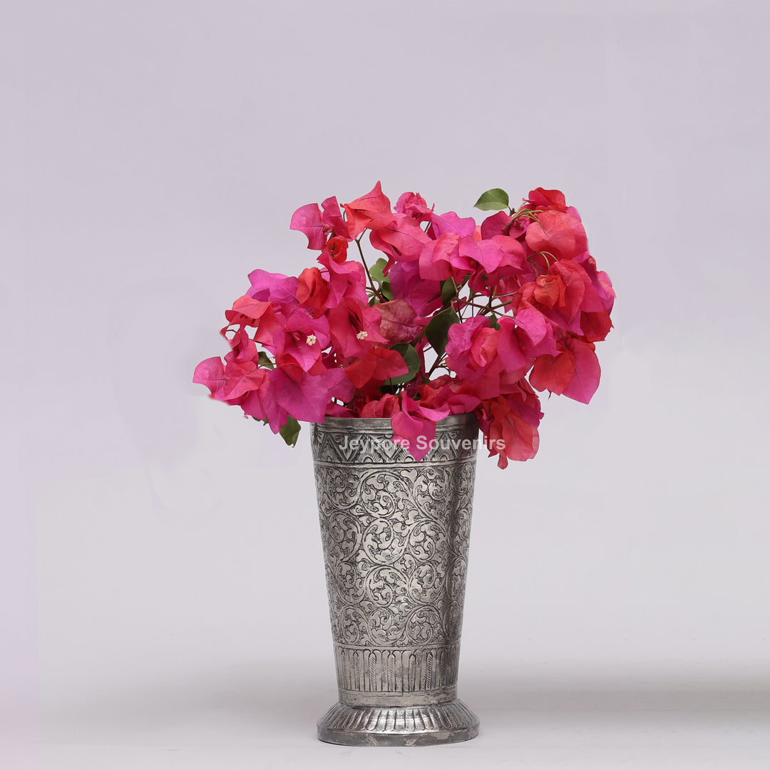 Hand-Carved Silver Polished Copper Floral Vase