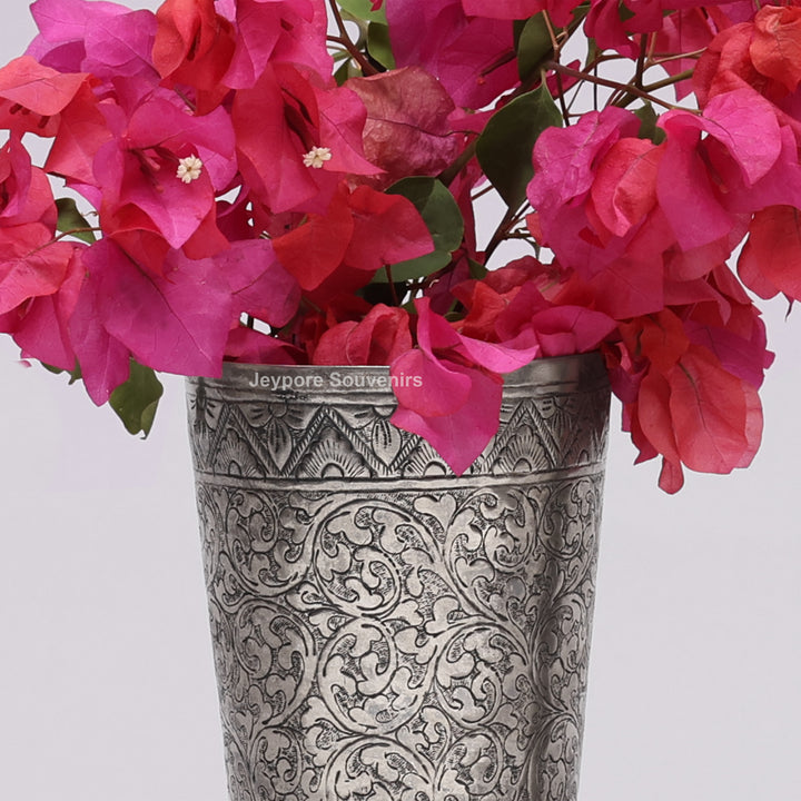 Hand-Carved Silver Polished Copper Floral Vase