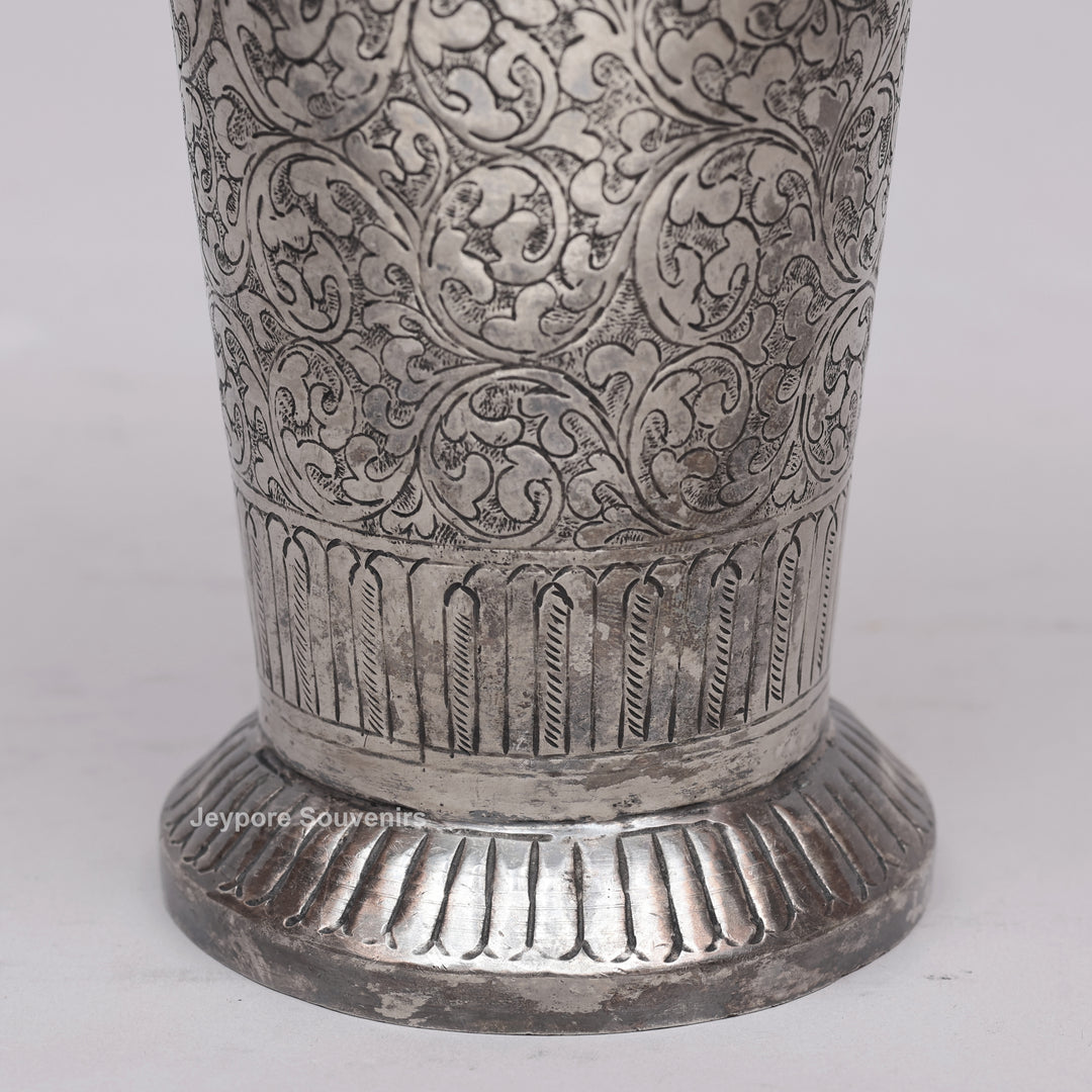 Hand-Carved Silver Polished Copper Floral Vase