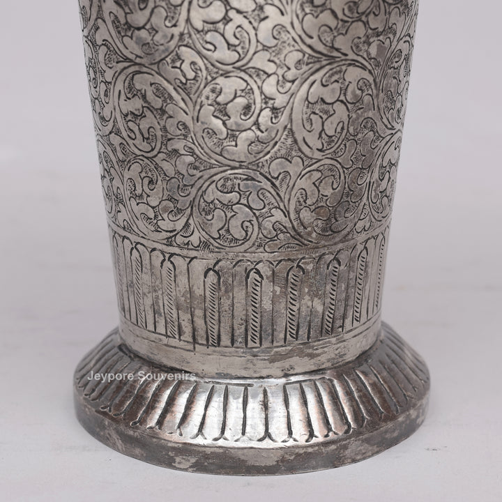 Hand-Carved Silver Polished Copper Floral Vase