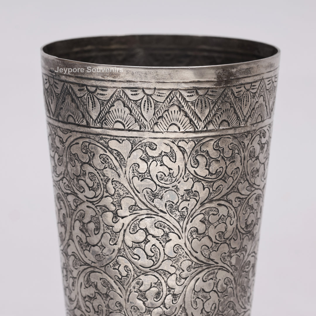 Hand-Carved Silver Polished Copper Floral Vase