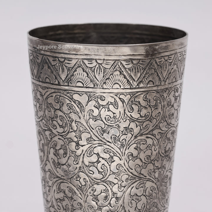 Hand-Carved Silver Polished Copper Floral Vase