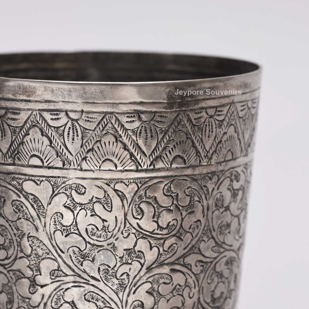Hand-Carved Silver Polished Copper Floral Vase