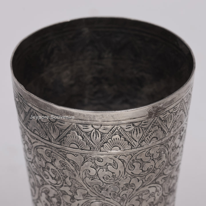 Hand-Carved Silver Polished Copper Floral Vase