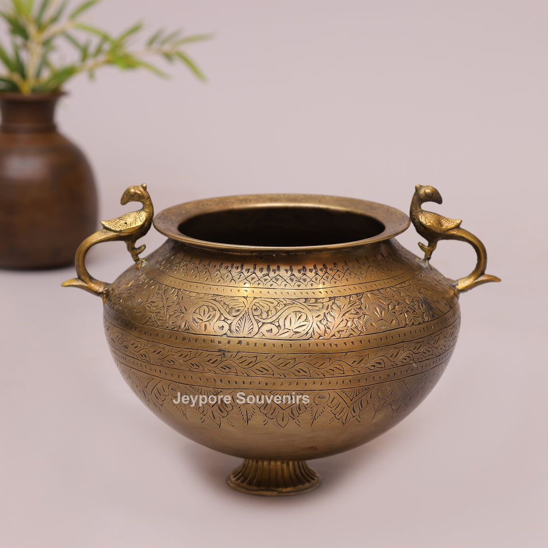 Handcrafted Brass Peacock Handle Decorative Planter for Home Decor