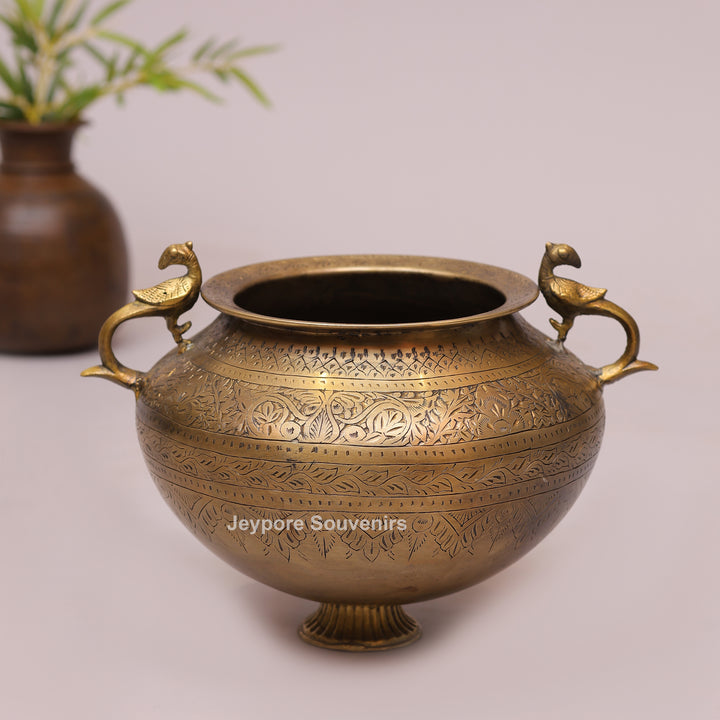 Handcrafted Brass Peacock Handle Decorative Planter for Home Decor