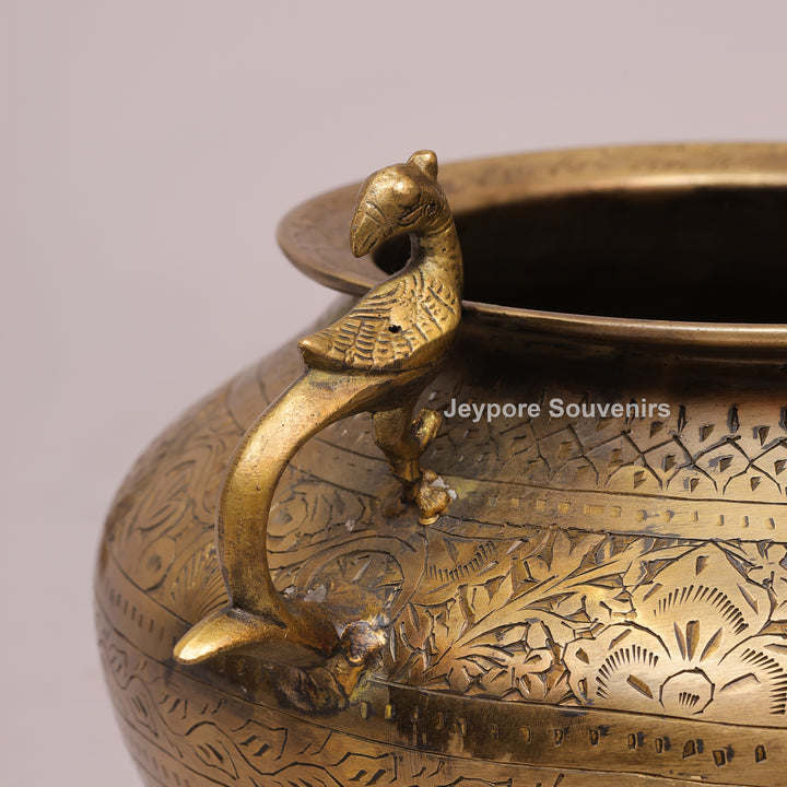 Handcrafted Brass Peacock Handle Decorative Planter for Home Decor