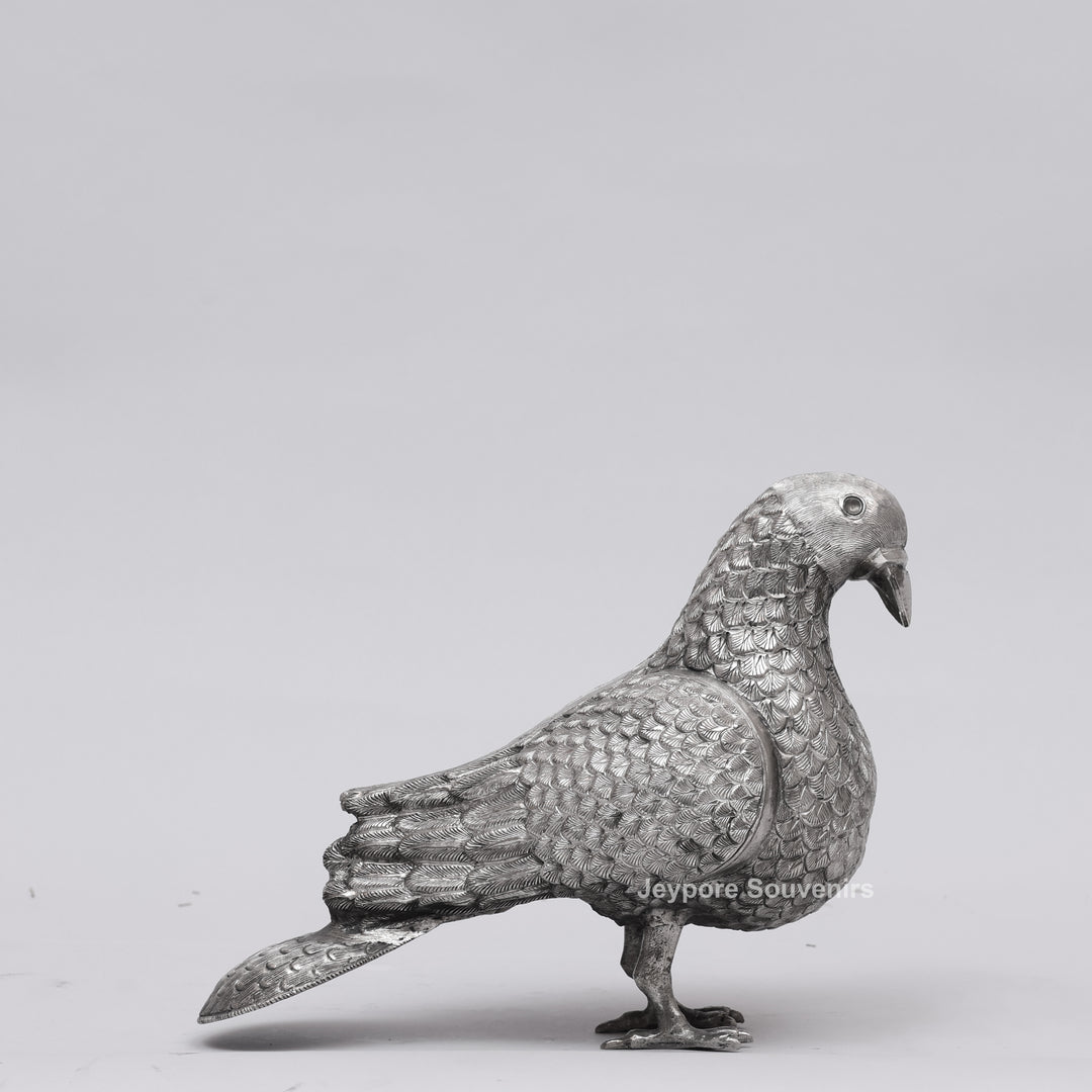 Handcrafted Silver Polished Pigeon Showpiece