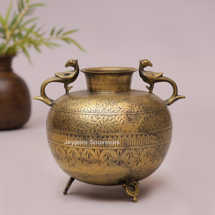 Handcrafted Brass Peacock Handle Decorative Planter for Luxury Home Decor