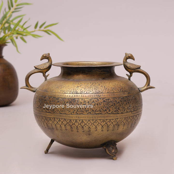 Handcrafted Brass Peacock Handle Decorative Pot for Home Décor