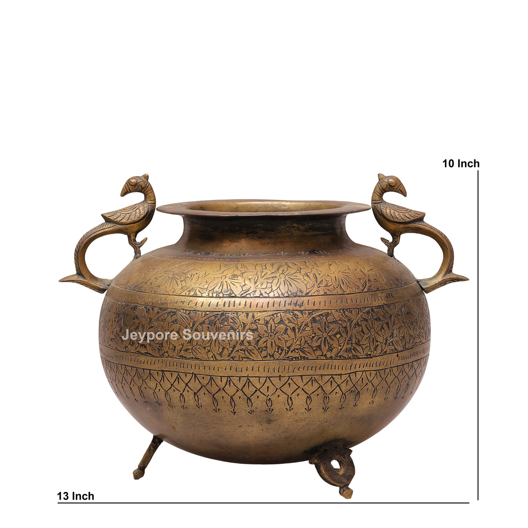 Handcrafted Brass Peacock Handle Decorative Pot for Home Décor