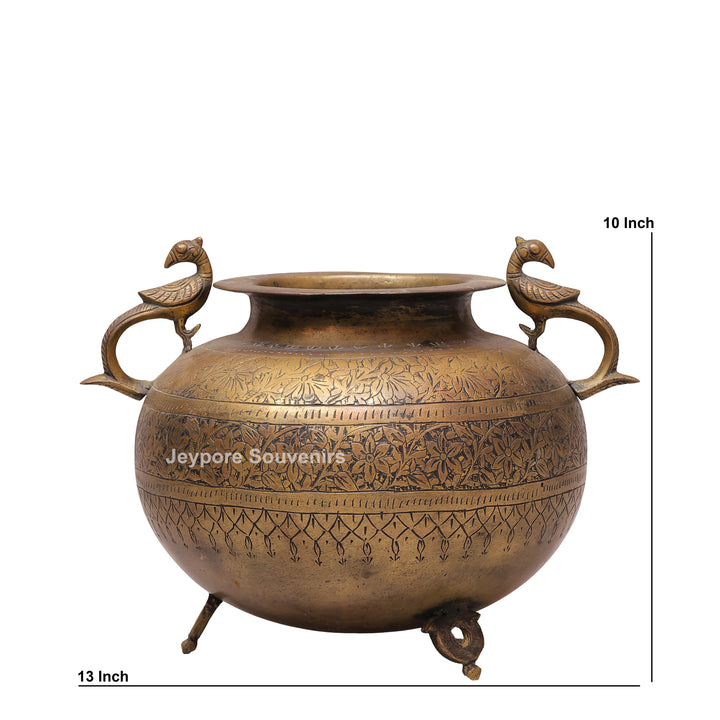 Handcrafted Brass Peacock Handle Decorative Pot for Home Décor