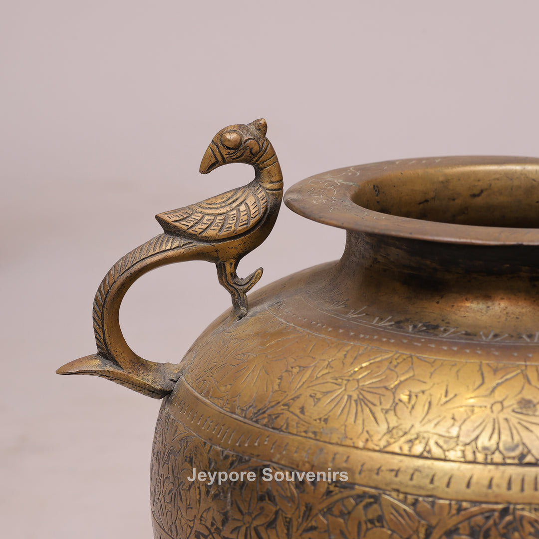 Handcrafted Brass Peacock Handle Decorative Pot for Home Décor
