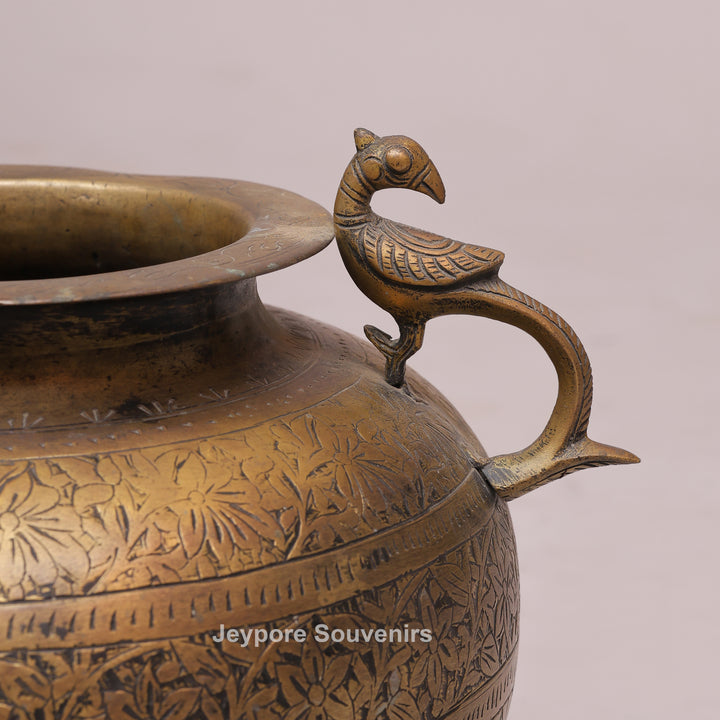 Handcrafted Brass Peacock Handle Decorative Pot for Home Décor