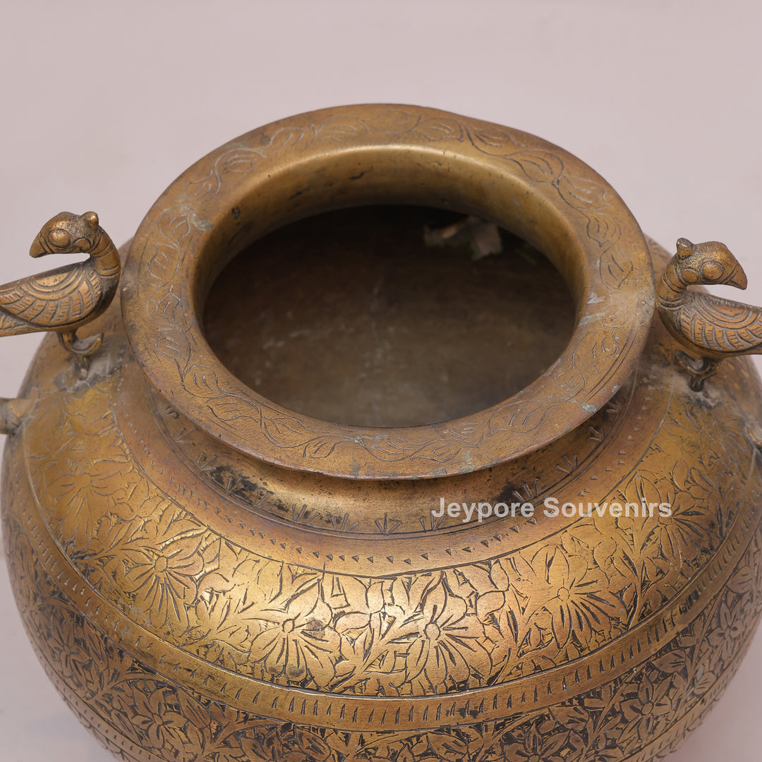 Handcrafted Brass Peacock Handle Decorative Pot for Home Décor