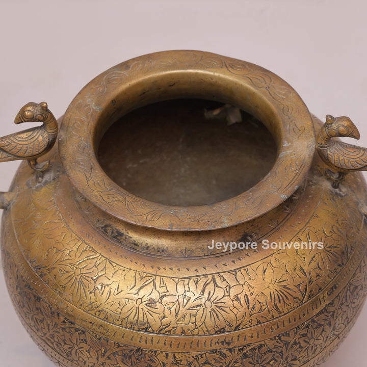 Handcrafted Brass Peacock Handle Decorative Pot for Home Décor