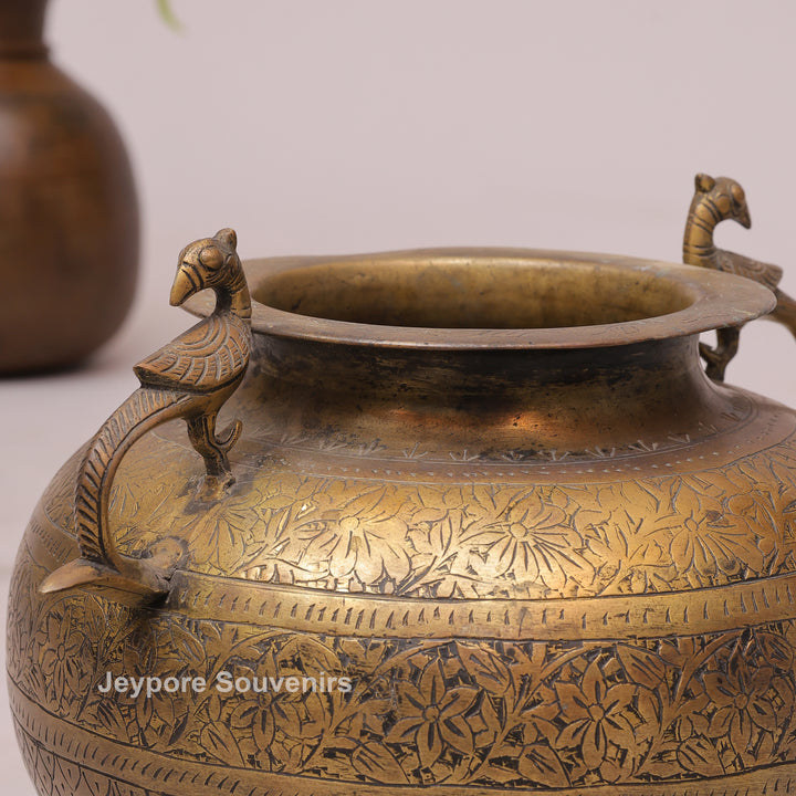 Handcrafted Brass Peacock Handle Decorative Pot for Home Décor