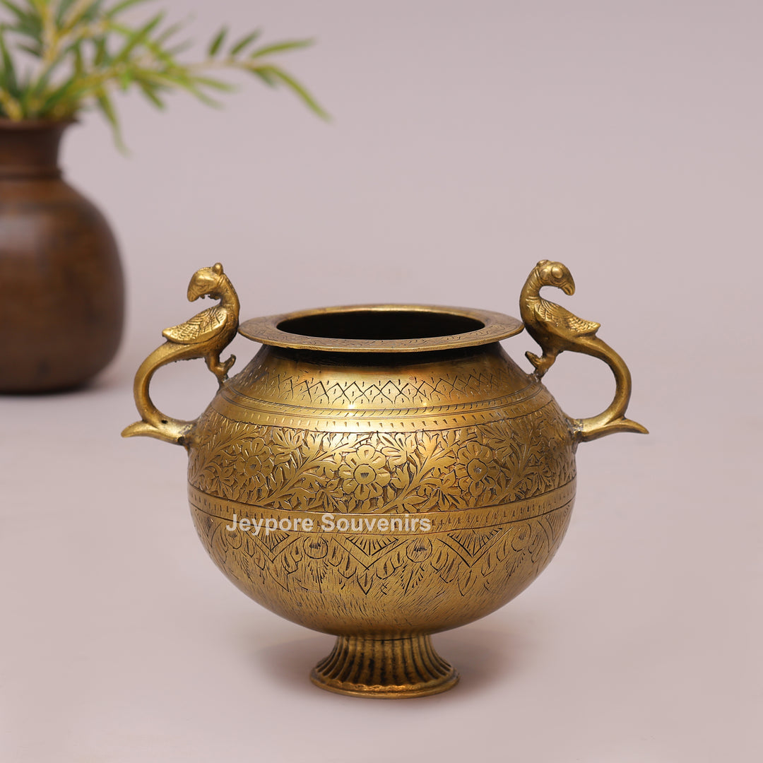 Handcrafted Luxury Brass Pot with Peacock Handles