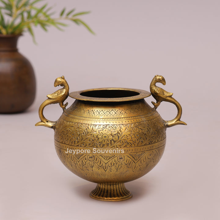 Handcrafted Luxury Brass Pot with Peacock Handles