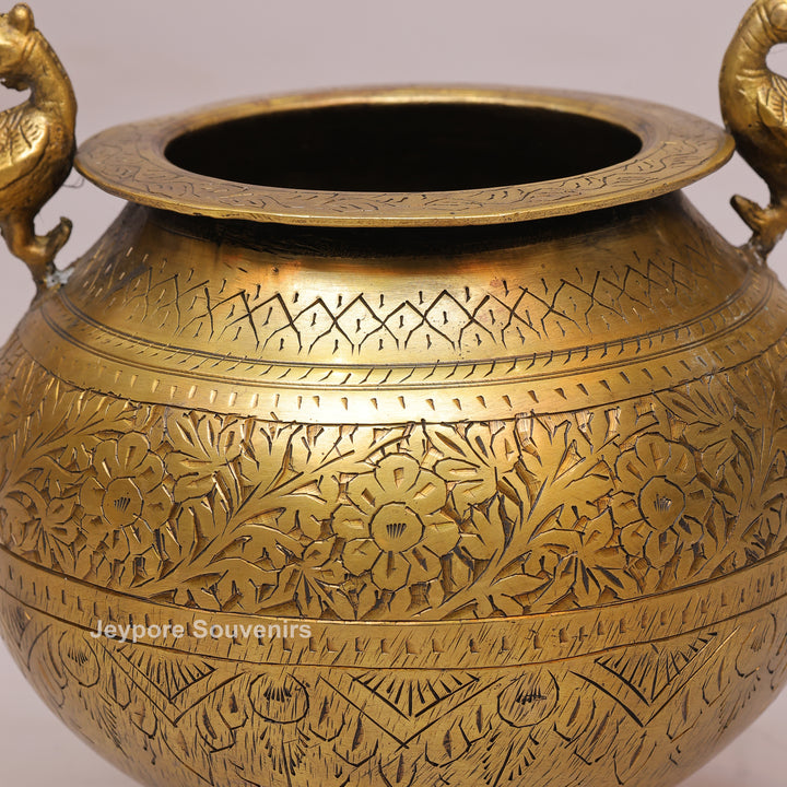 Handcrafted Luxury Brass Pot with Peacock Handles