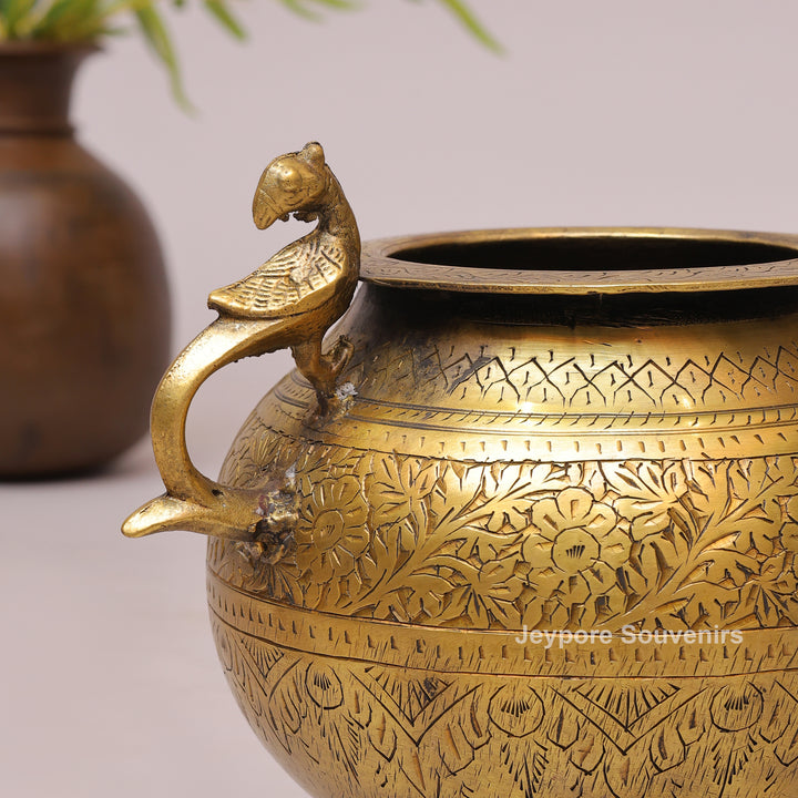 Handcrafted Luxury Brass Pot with Peacock Handles